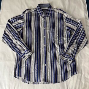Bugatchi Uomo Striped Blue & Gray Multi Long Sleeve Button Down Collared Shirt